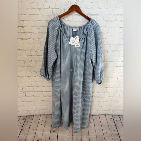 UNIQLO X J.W. ANDERSON Linen Blend Striped Gathered 3/4 Sleeved Dress - Picture 2 of 15